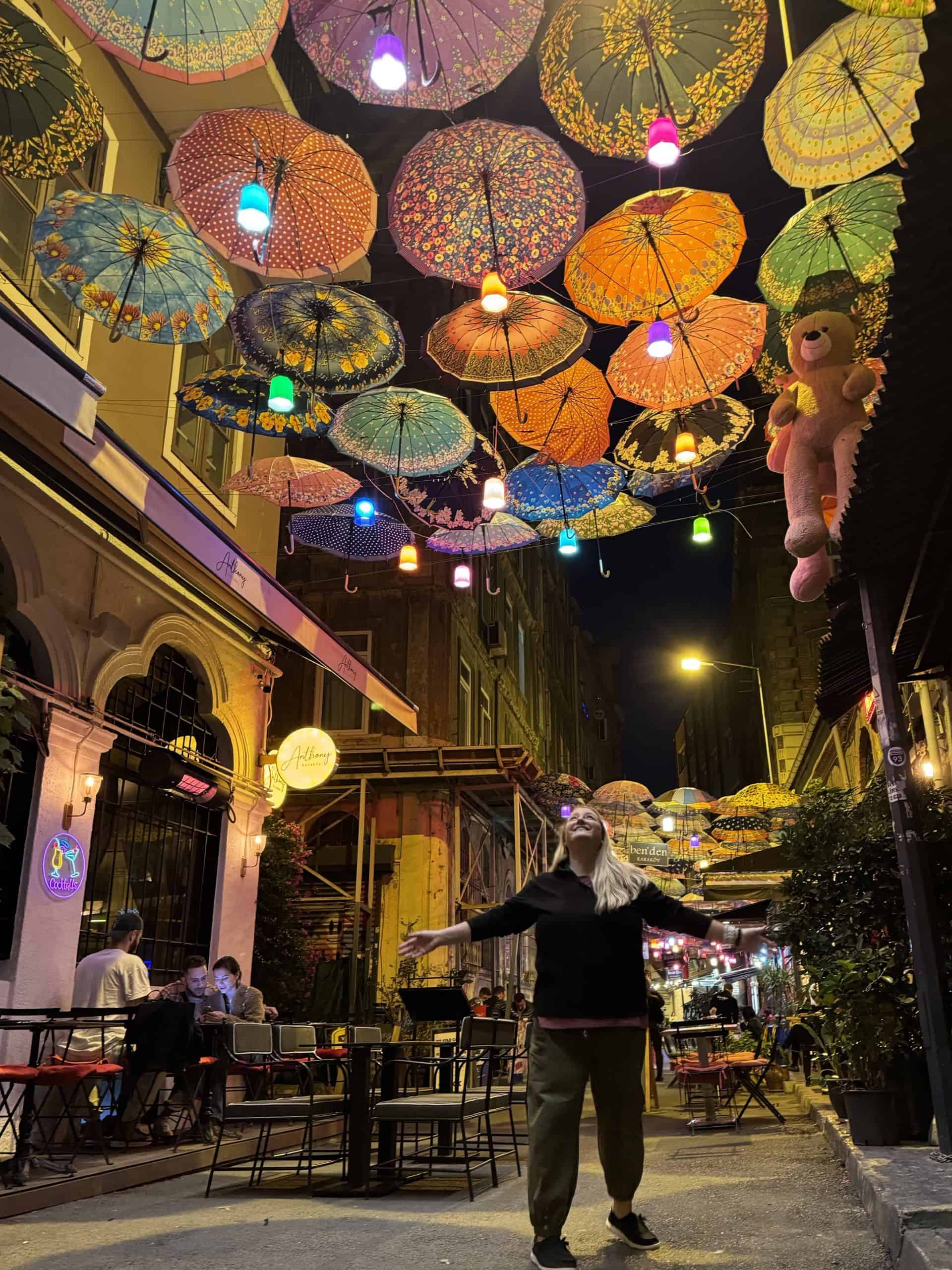 Gazing under the umbrellas light up at night on umbrella street.